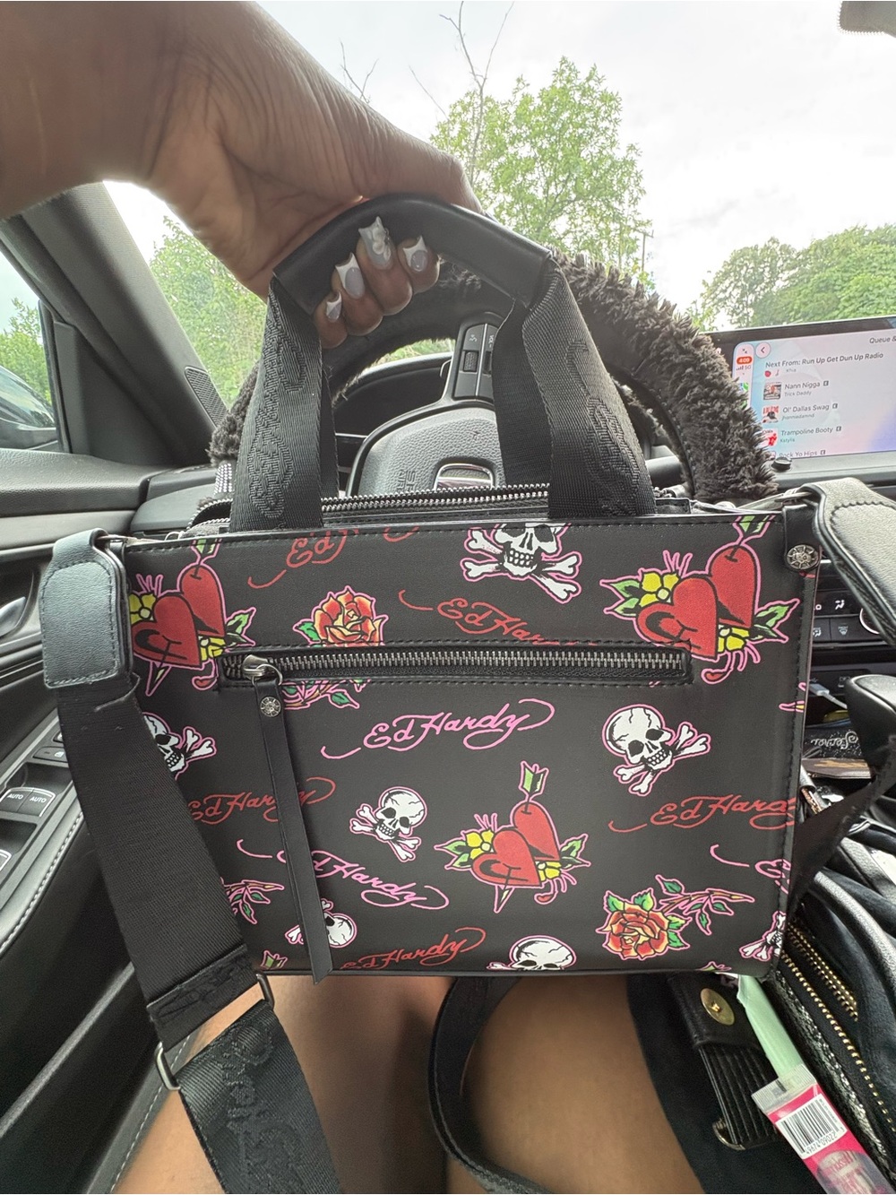 Ed Hardy Black Mini Tote with Pink & Red Tattoo Graphics - Picture 2 of 2